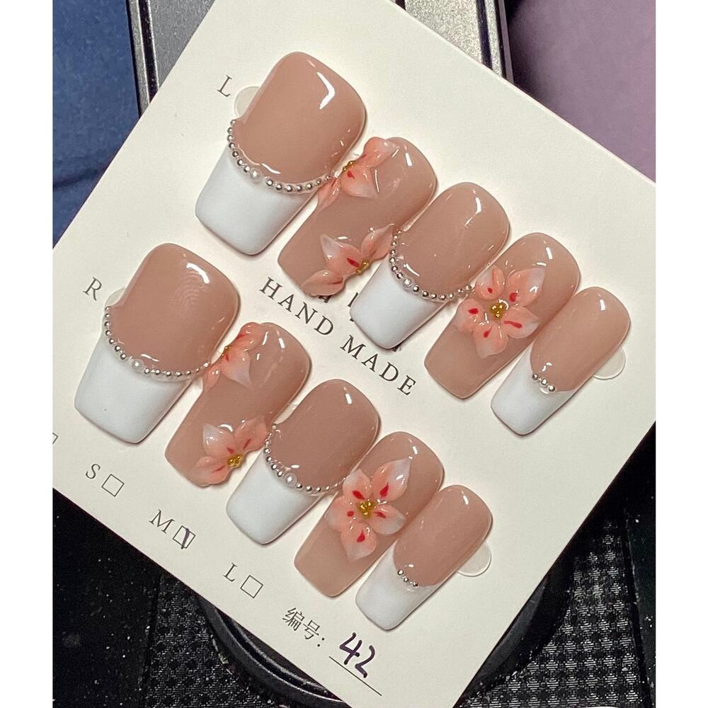 Gorgeous Pink 3D Flower French Tip Handmade Square Shape Press-On Nails Medium - Picture 3 of 5